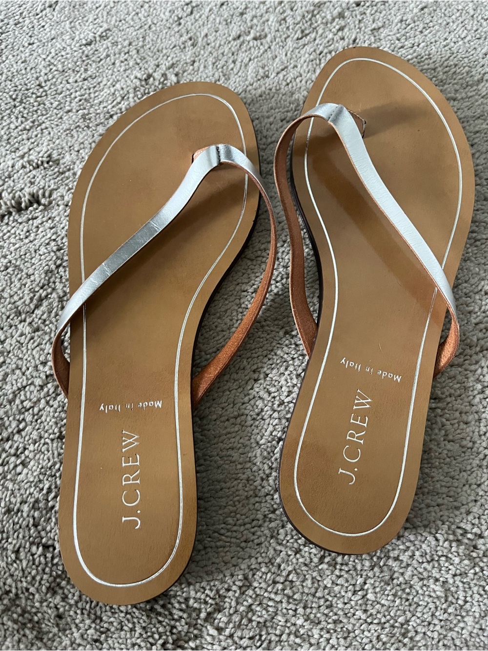 J. Crew Metallic Leather Flip Flops in Silver  size 7